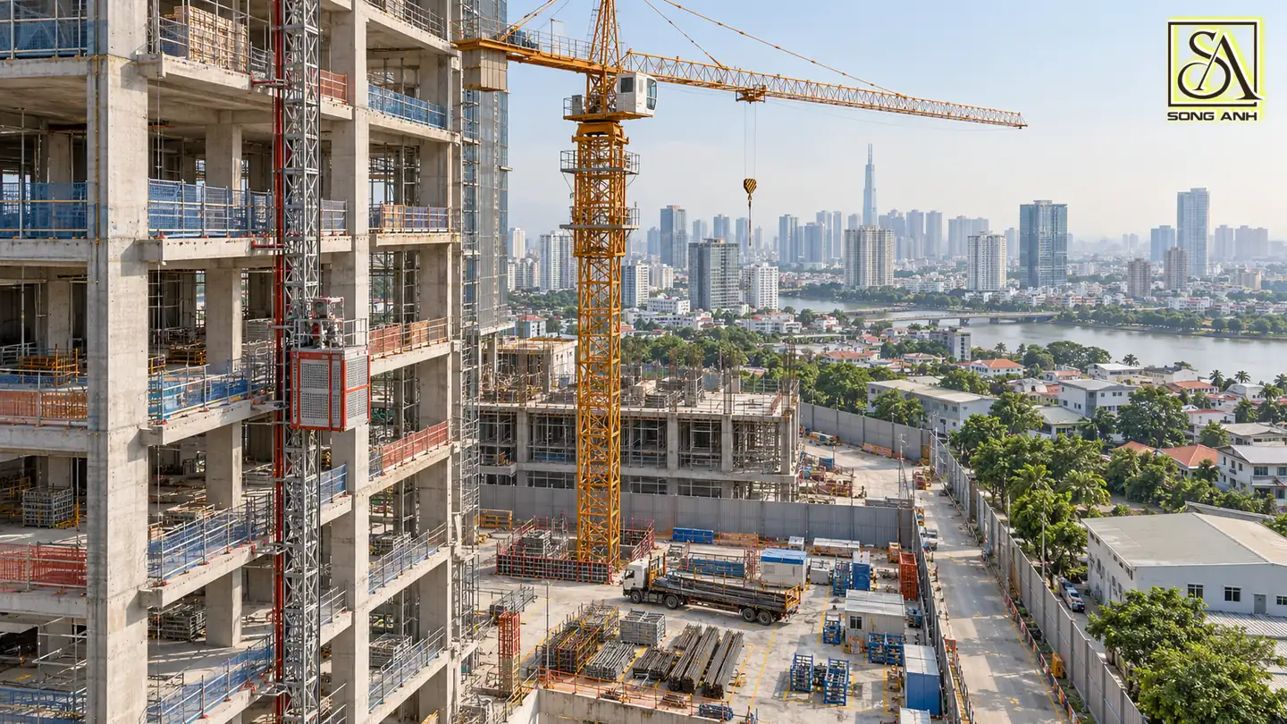 Công trường cao tầng có cẩu tháp, vận thăng và khu tập kết vật tư trong mặt bằng hạn chế.